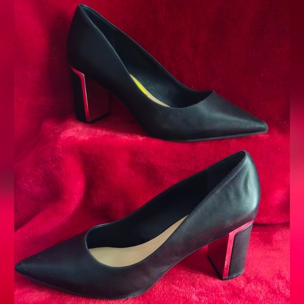 Alfani Step Flex Leather Black Pointed Toe Block Heels w/Silver Accent-Size 8.5